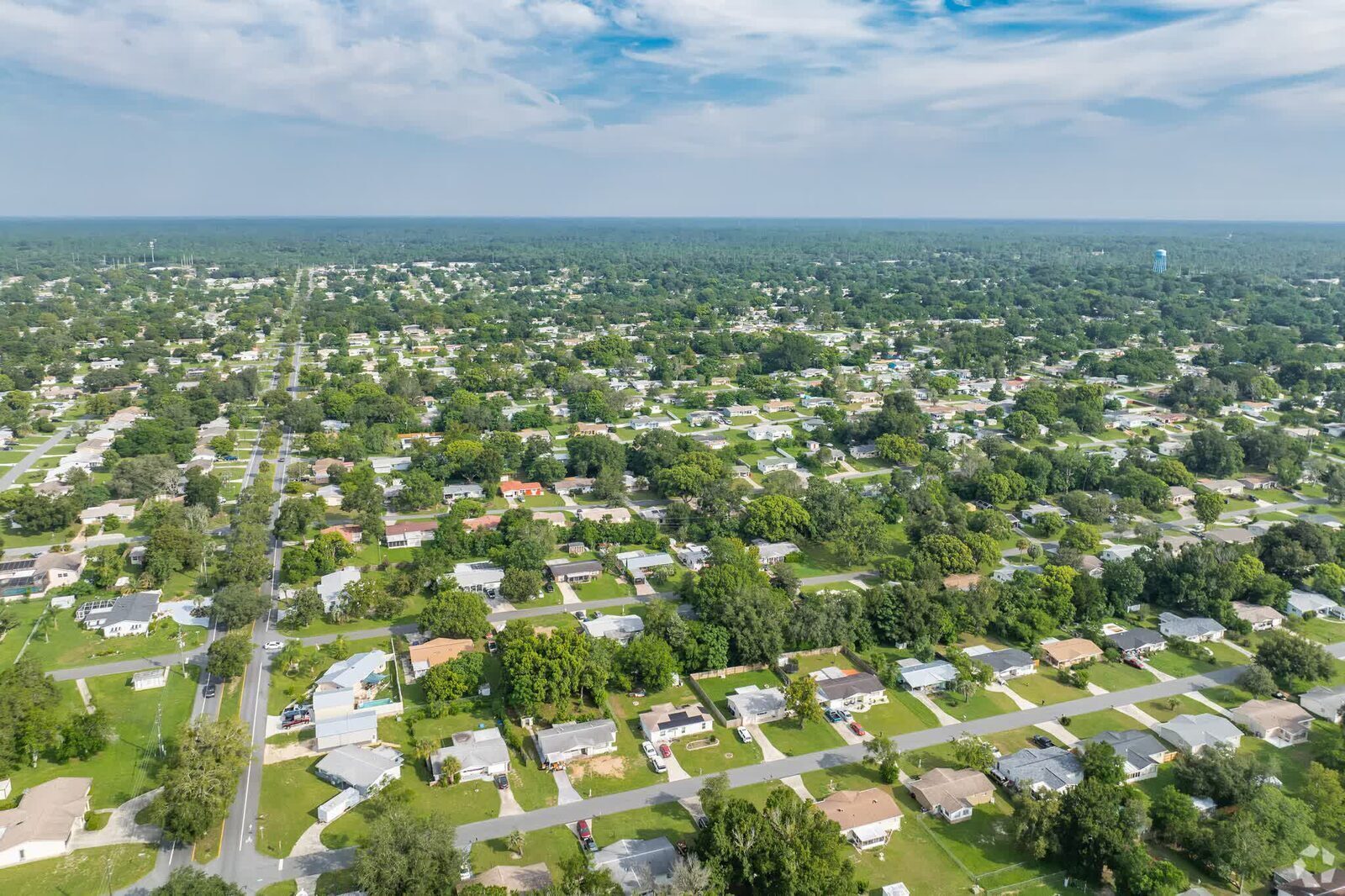 Aerial view of single-family homes set among mature trees in Beverly Hills, Florida.