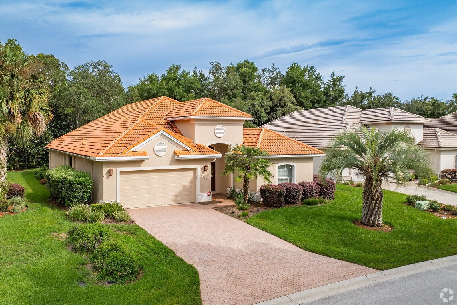 Mediterranean-style Citrus Hills home with a terracotta tile roof and palm-lined driveway.