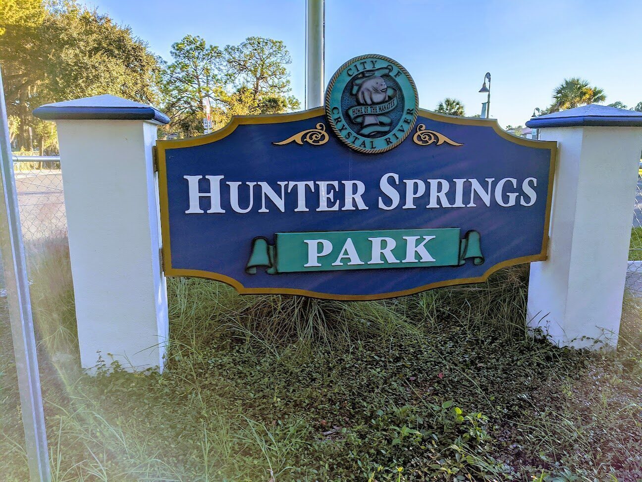 Hunter Springs Park entrance sign in Crystal River, Florida.
