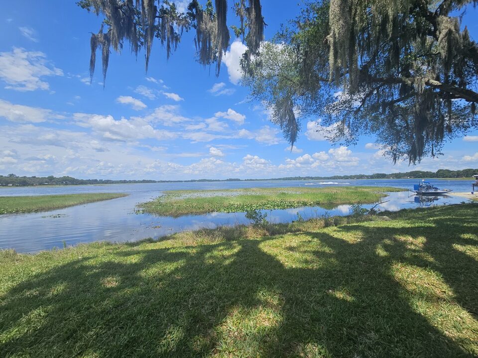 Lake Hernando view framed by Spanish moss draping from oak branches with an airboat at a nearby launch.